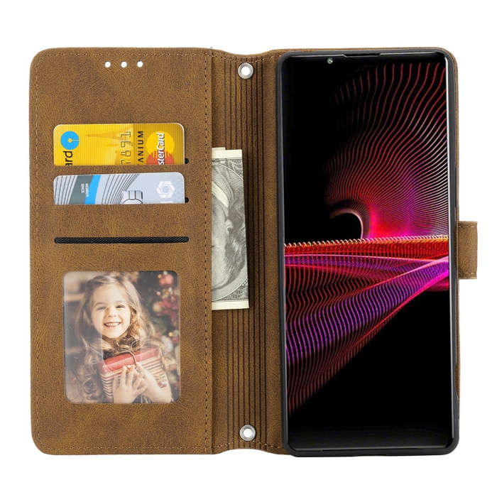 For Sony Xperia 1 IV Embossed Striped Magnetic Buckle Horizontal Flip Phone Leather Case(Brown)