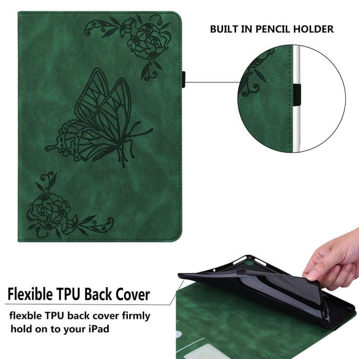 For Huawei MediaPad M5 Lite Butterfly Flower Embossed Leather Tablet Case(Green)