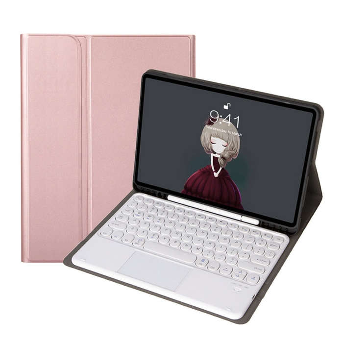 YA08B-A  Lambskin Texture Voltage Round Keycap Bluetooth Keyboard Leather Case with Touchpad For ...