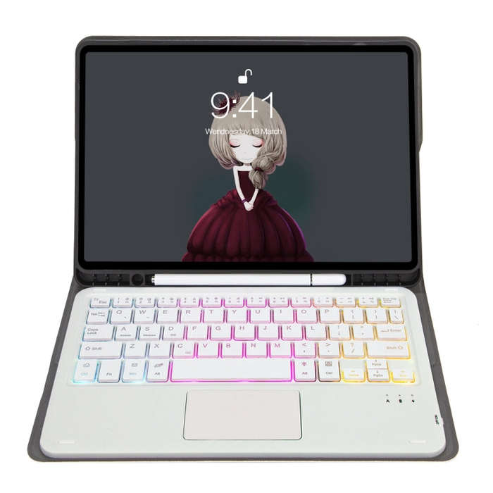 A07B-AS Lambskin Pen Slot Touch Pad Backlight Bluetooth Keyboard Leather Tablet Case For iPad 9.7...