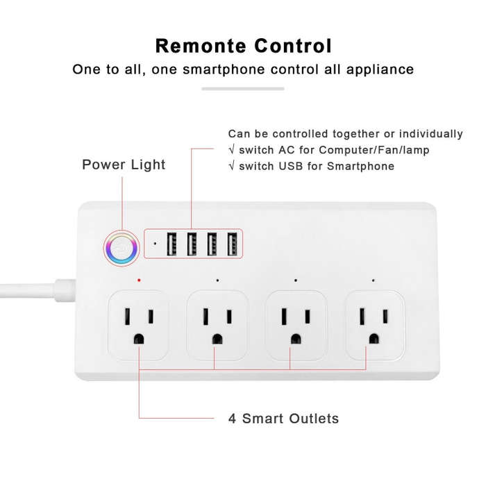 ZigBee 10A SM-SO301-U 2500W 4 Holes + 4 USB Smart Power Strip, US Plug(White)