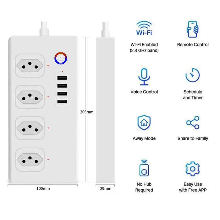 WiFi 10A SM-SO301-B 4 Holes + 4 USB Multi-purpose Smart Power Strip, Brazil Plug