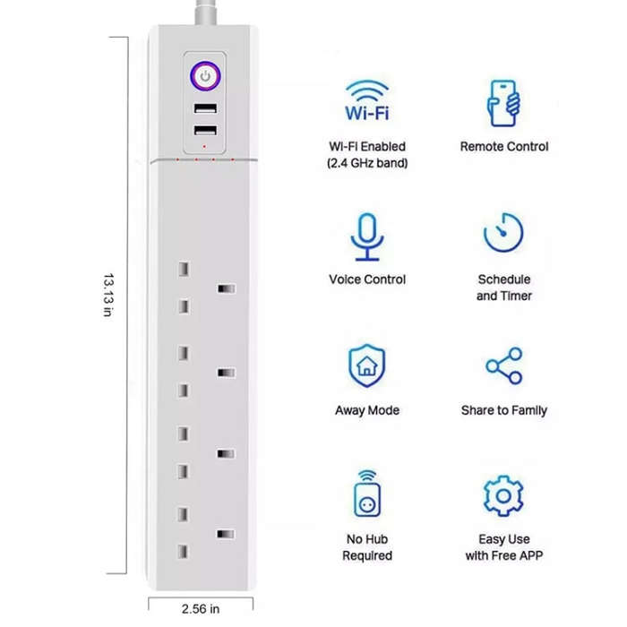 WiFi 16A SM-SO306-K 4 Holes + 2 USB Multi-purpose Smart Power Strip, UK Plug