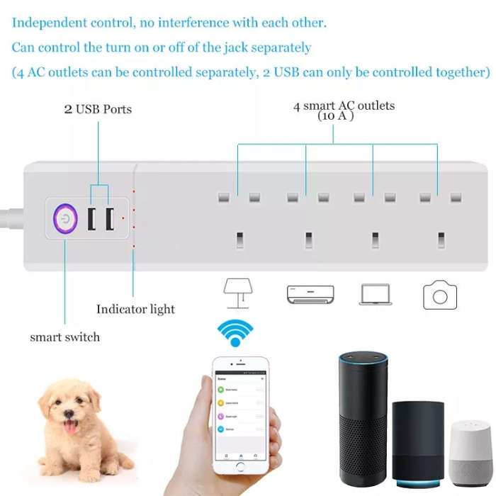WiFi 16A SM-SO306-K 4 Holes + 2 USB Multi-purpose Smart Power Strip, UK Plug