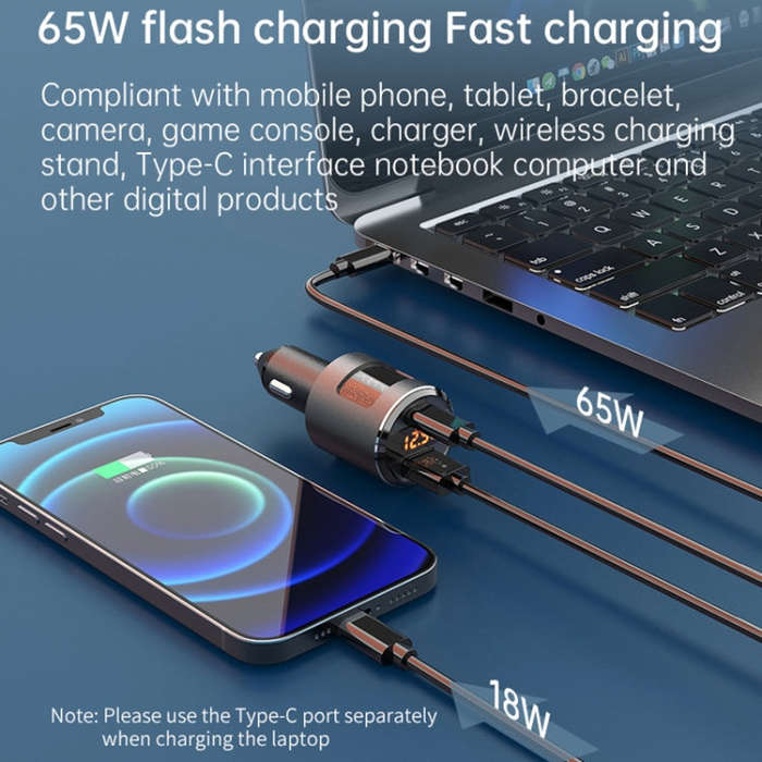 SC01 65W QC3.0 + PD Dual Ports Car Charger with Voltage Display(Black)