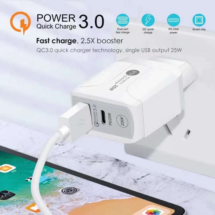 25W PD Type-C + QC3.0 USB Ports Travel Charger, Plug Type:EU Plug(White)