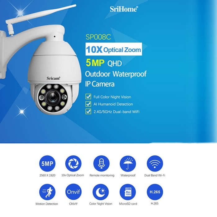 Sricam SP008C 5MP 10X Zoom IP66 Waterproof CCTV WiFi IP Camera Monitor, Plug Type:EU Plug(White)