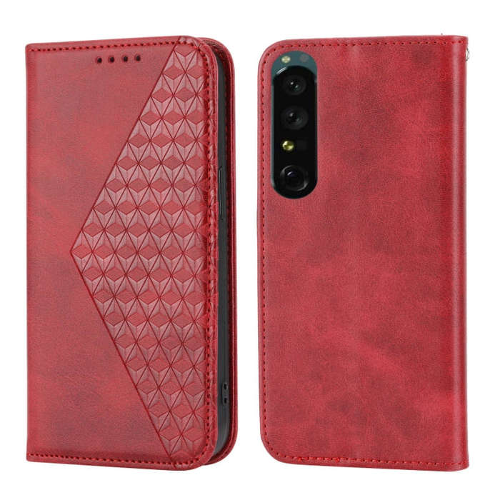 For Sony Xperia 1 IV Cubic Grid Calf Texture Magnetic Closure Leather Phone Case(Red)