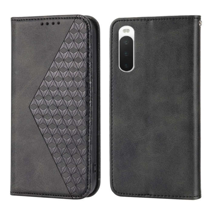 For Sony Xperia 10 IV Cubic Grid Calf Texture Magnetic Closure Leather Phone Case(Black)