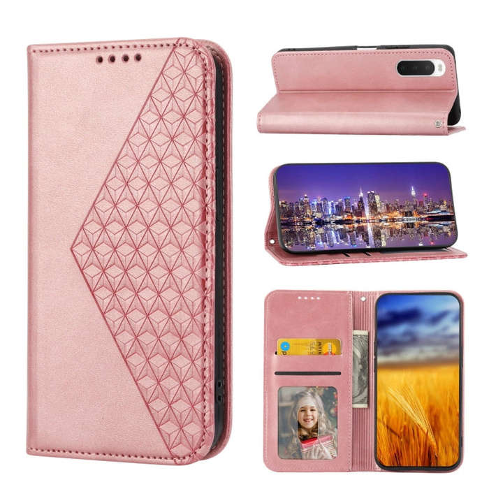 For Sony Xperia 10 IV Cubic Grid Calf Texture Magnetic Closure Leather Phone Case(Rose Gold)