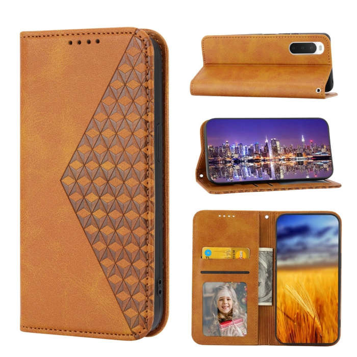 For Sony Xperia 10 IV Cubic Grid Calf Texture Magnetic Closure Leather Phone Case(Yellow)