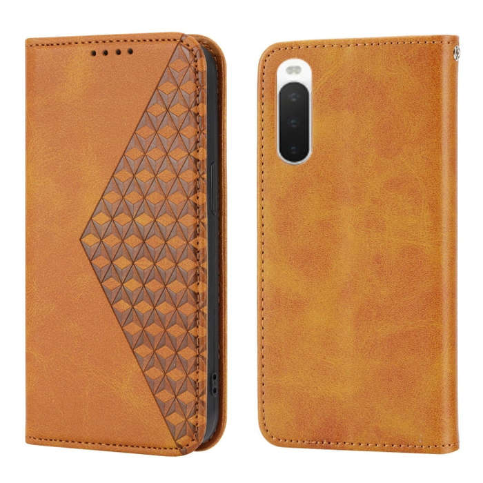 For Sony Xperia 10 IV Cubic Grid Calf Texture Magnetic Closure Leather Phone Case(Yellow)