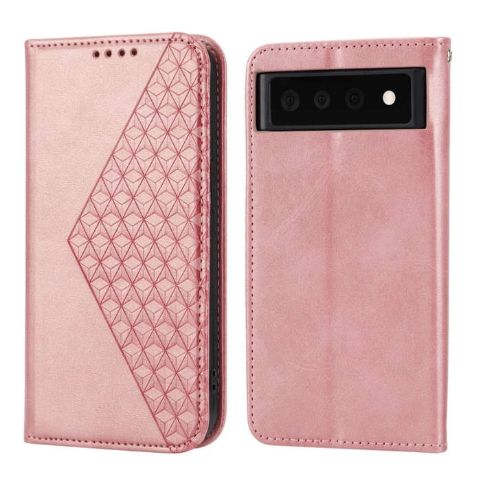 For Google Pixel 6 Pro Cubic Grid Calf Texture Magnetic Closure Leather Phone Case(Rose Gold)