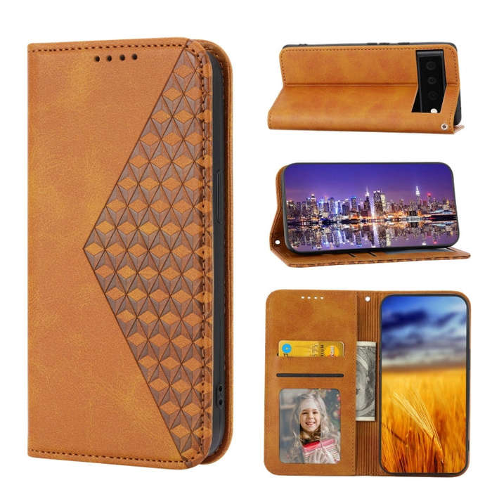 For Google Pixel 6 Pro Cubic Grid Calf Texture Magnetic Closure Leather Phone Case(Yellow)
