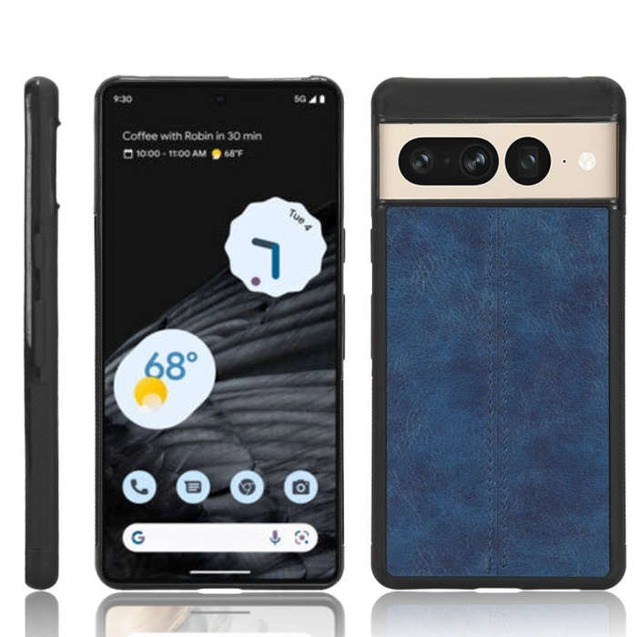 For Google Pixel 7 Pro 5G Shockproof Sewing Cow Skin Texture PC + PU + TPU Case(Blue)