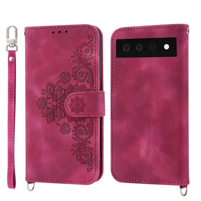 For Google Pixel 6 Skin-feel Flowers Embossed Wallet Leather Phone Case(Wine Red)