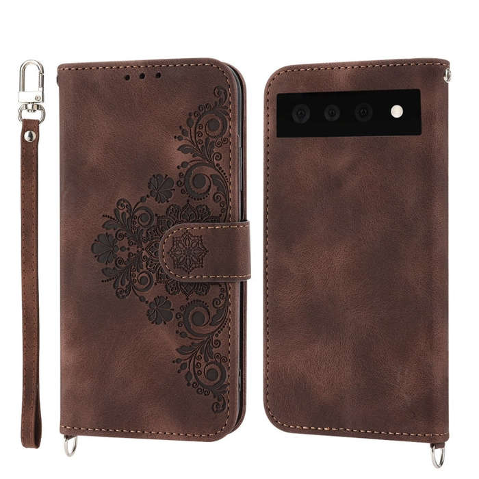 For Google Pixel 6 Skin-feel Flowers Embossed Wallet Leather Phone Case(Brown)