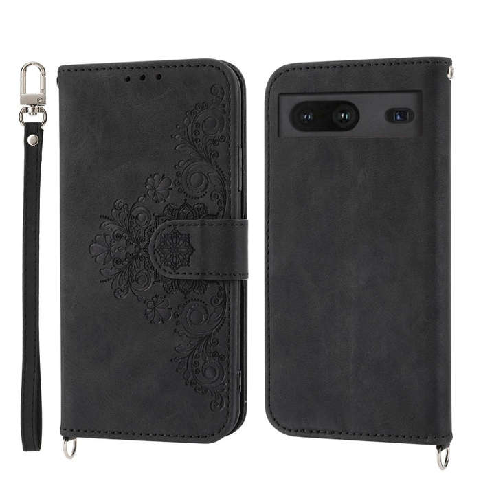 For Google Pixel 6a Skin-feel Flowers Embossed Wallet Leather Phone Case(Black)
