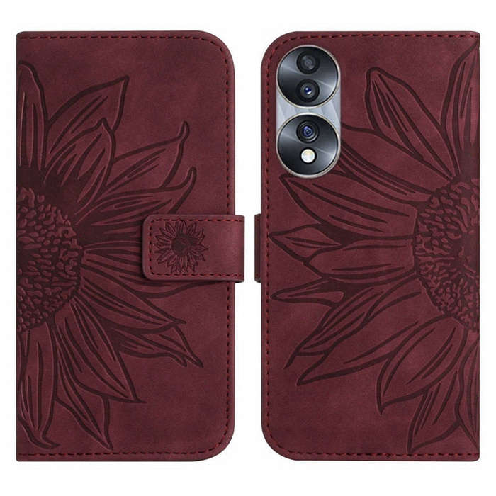 For Honor 70 Skin Feel Sun Flower Pattern Flip Leather Phone Case with Lanyard(Wine Red)