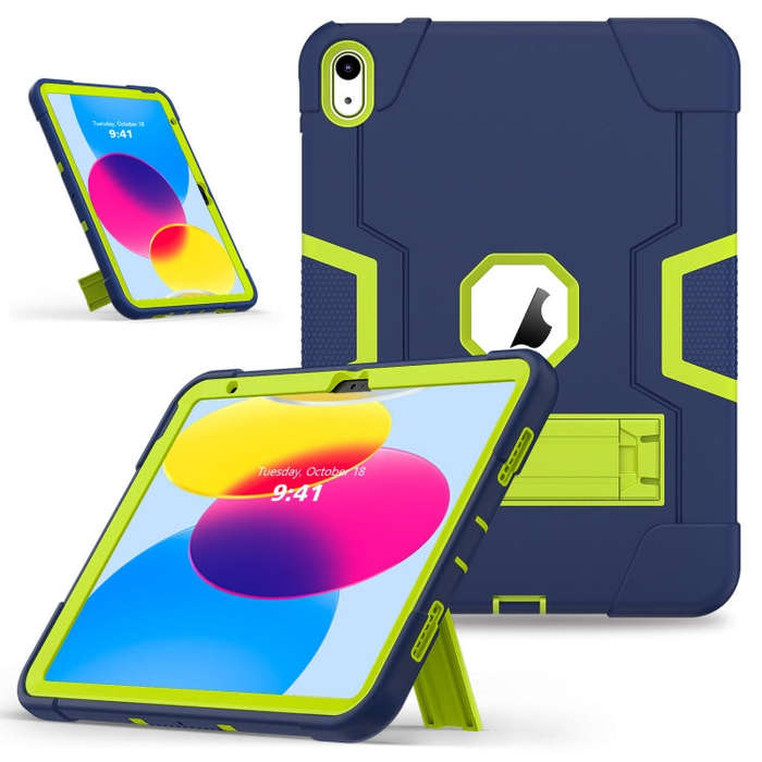 For iPad 2025 / 2022 Contrast Color Silicone + PC Tablet Case with Holder(Navy Blue Yellow Green)