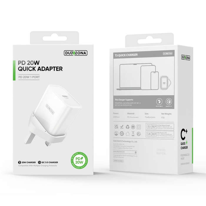 DUZZONA T3 PD 20W USB-C/Type-C Single Port Travel Charger, UK Plug(White)