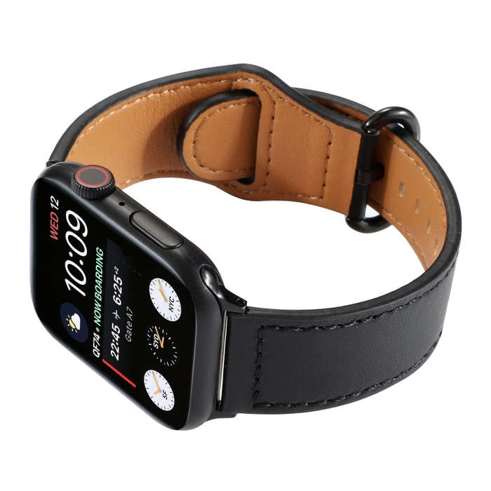 For Apple Watch Series 7 45mm / 6 & SE & 5 & 4 44mm / 3 & 2 & 1 42mm Solid Color Genuine Leather ...