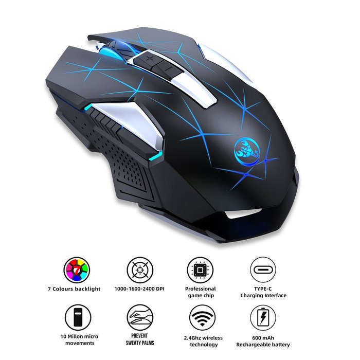HXSJ T300 7 Keys 2400DPI 2.4G Colorful Luminous Wireless Mouse(Black)