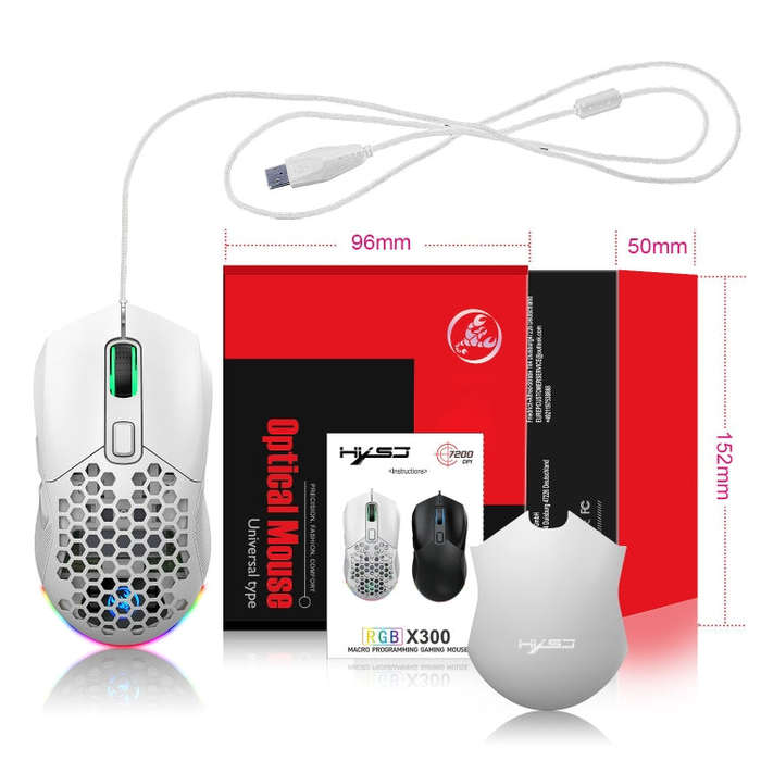 HXSJ X300 7200DPI RGB Backlight Interchangeable Back Cover Hole Gaming Wired Mouse(White)