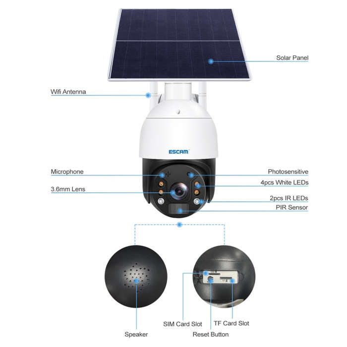 ESCAM QF724 3MP 24h Recording Cloud Storage PT 4G PIR Alarm IP Camera with Solar Panel, AU Signal...