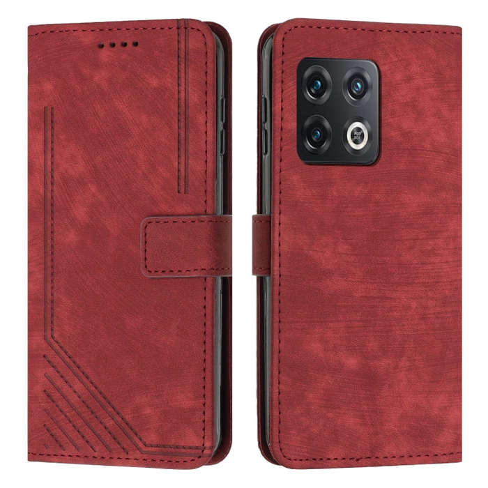 For OnePlus 10 Pro Skin Feel Stripe Pattern Leather Phone Case with Lanyard(Red)