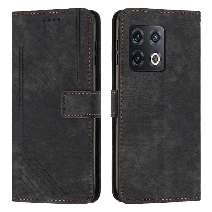 For OnePlus 10 Pro Skin Feel Stripe Pattern Leather Phone Case with Lanyard(Black)