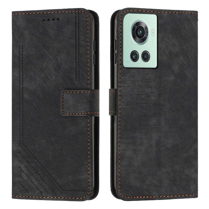 For OnePlus Ace 5G Skin Feel Stripe Pattern Leather Phone Case with Lanyard(Black)