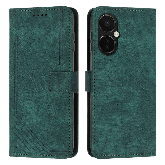 For OnePlus Nord CE 3 Skin Feel Stripe Pattern Leather Phone Case with Lanyard(Green)