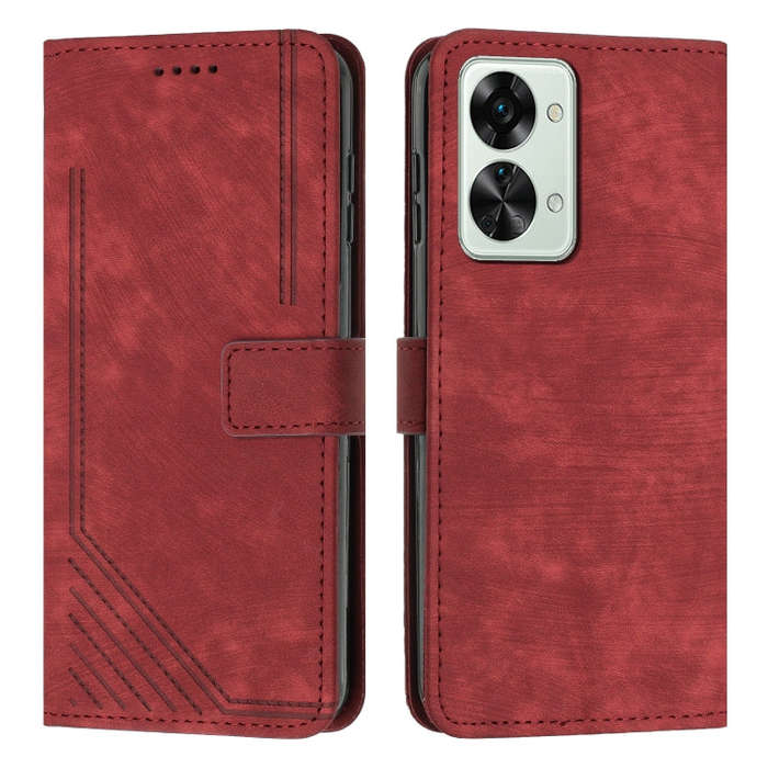 For OnePlus Nord 2T Skin Feel Stripe Pattern Leather Phone Case with Lanyard(Red)