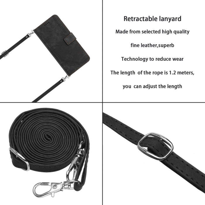 For Tecno Pova Neo Skin Feel Stripe Pattern Leather Phone Case with Lanyard(Black)