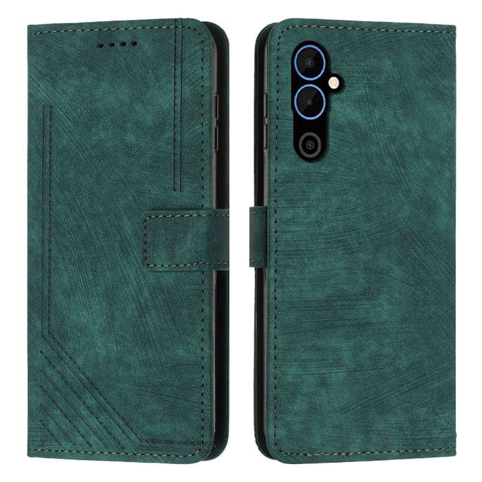 For Tecno Pova 4 Skin Feel Stripe Pattern Leather Phone Case with Lanyard(Green)