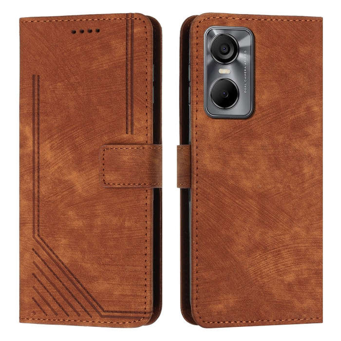 For Tecno Pop 6 Pro Skin Feel Stripe Pattern Leather Phone Case with Lanyard(Brown)