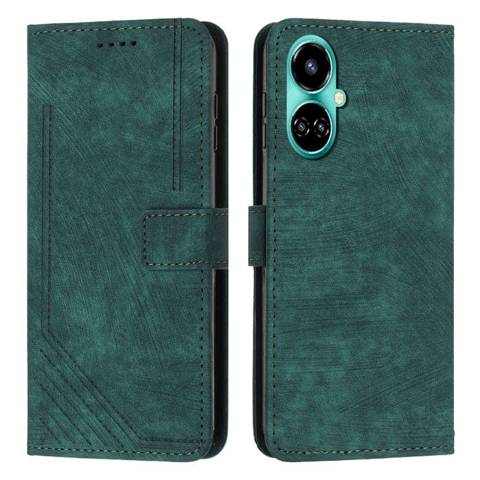 For Tecno Camon 19/19 Pro/19 Pro 5G Skin Feel Stripe Pattern Leather Phone Case with Lanyard(Green)