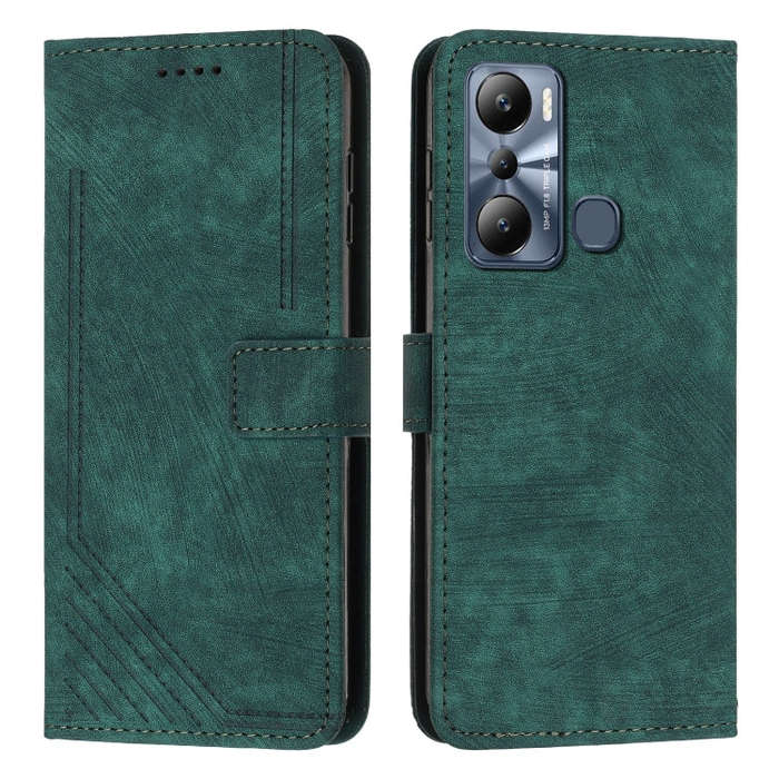 For Infinix Hot 20 Play Skin Feel Stripe Pattern Leather Phone Case with Lanyard(Green)
