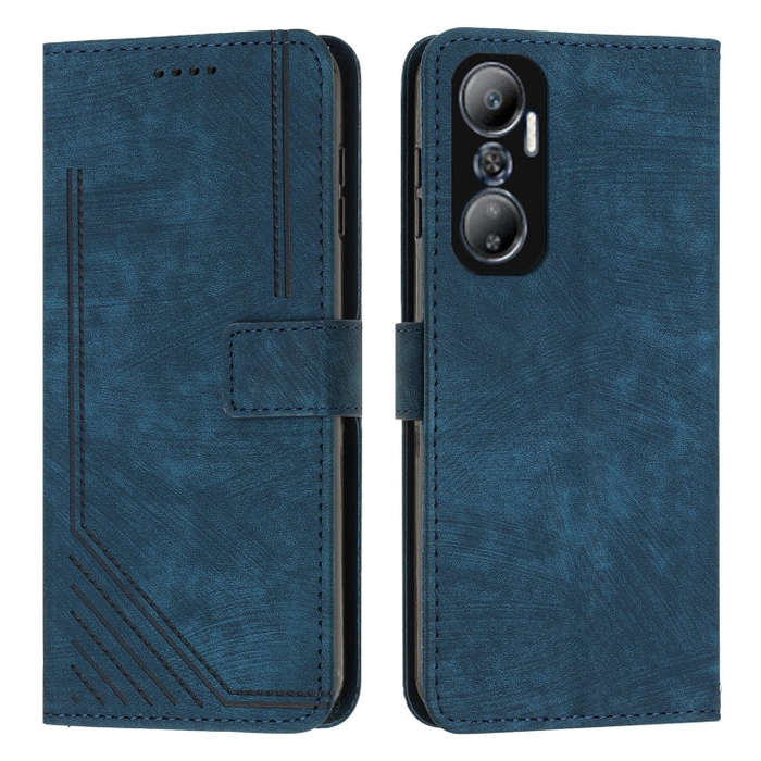For Infinix Hot 20 4G Skin Feel Stripe Pattern Leather Phone Case with Lanyard(Blue)
