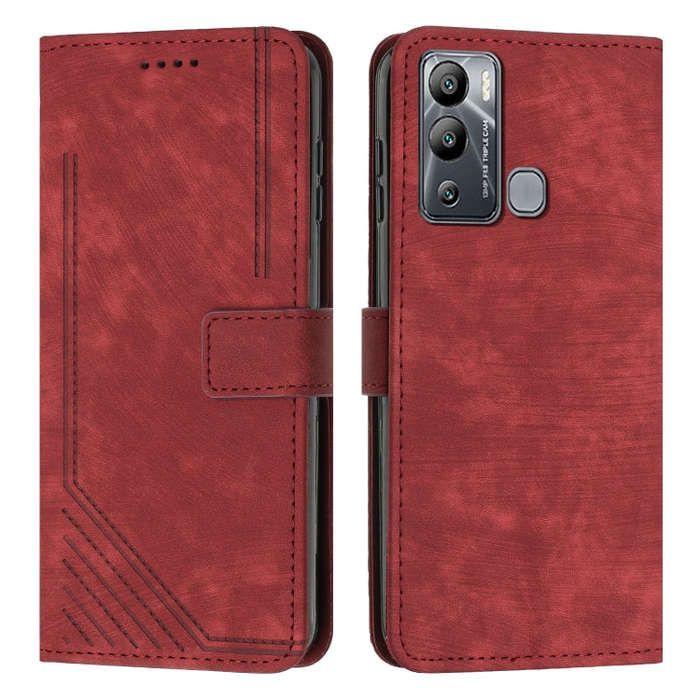 For Infinix Hot 12i Skin Feel Stripe Pattern Leather Phone Case with Lanyard(Red)