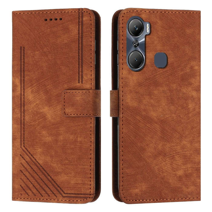 For Infinix Hot 12 Pro Skin Feel Stripe Pattern Leather Phone Case with Lanyard(Brown)