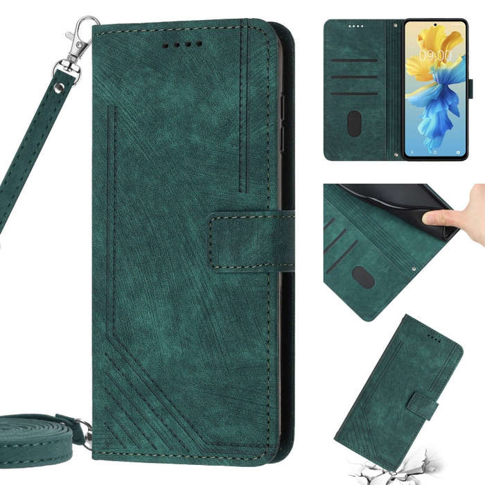 For Infinix Hot 12 Skin Feel Stripe Pattern Leather Phone Case with Lanyard(Green)