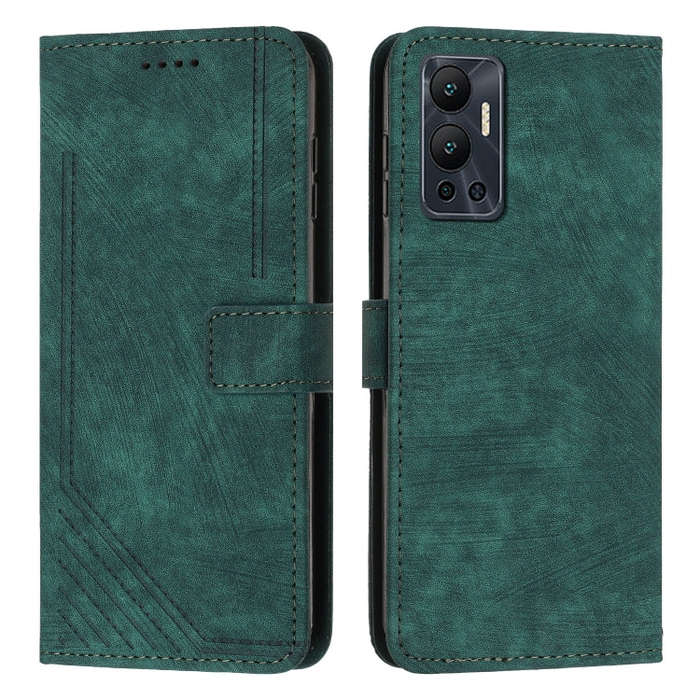 For Infinix Hot 12 Skin Feel Stripe Pattern Leather Phone Case with Lanyard(Green)