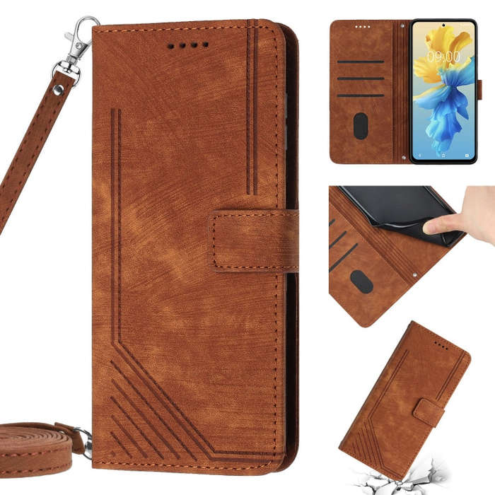 For Infinix Hot 11s NFC Skin Feel Stripe Pattern Leather Phone Case with Lanyard(Brown)