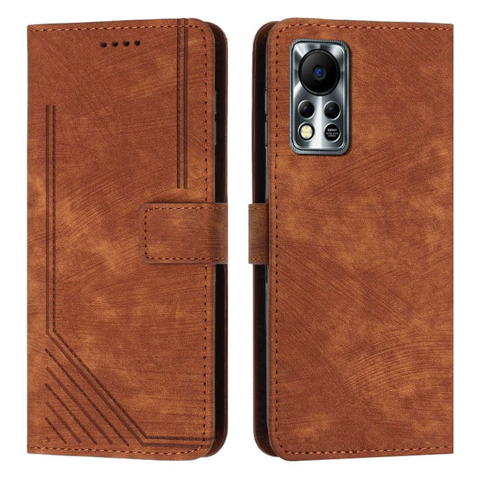 For Infinix Hot 11s NFC Skin Feel Stripe Pattern Leather Phone Case with Lanyard(Brown)