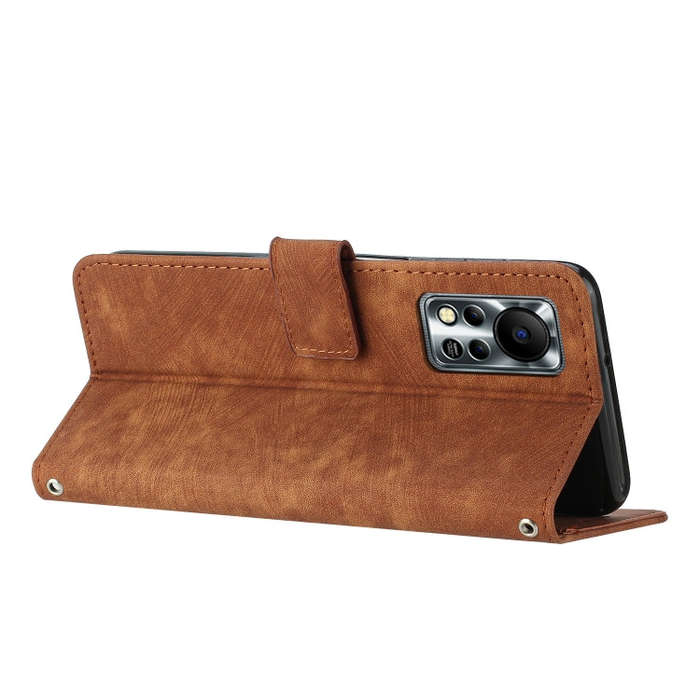 For Infinix Hot 11s NFC Skin Feel Stripe Pattern Leather Phone Case with Lanyard(Brown)