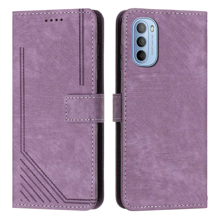 For Motorola Moto G 5G 2022 Skin Feel Stripe Pattern Leather Phone Case with Lanyard(Purple)