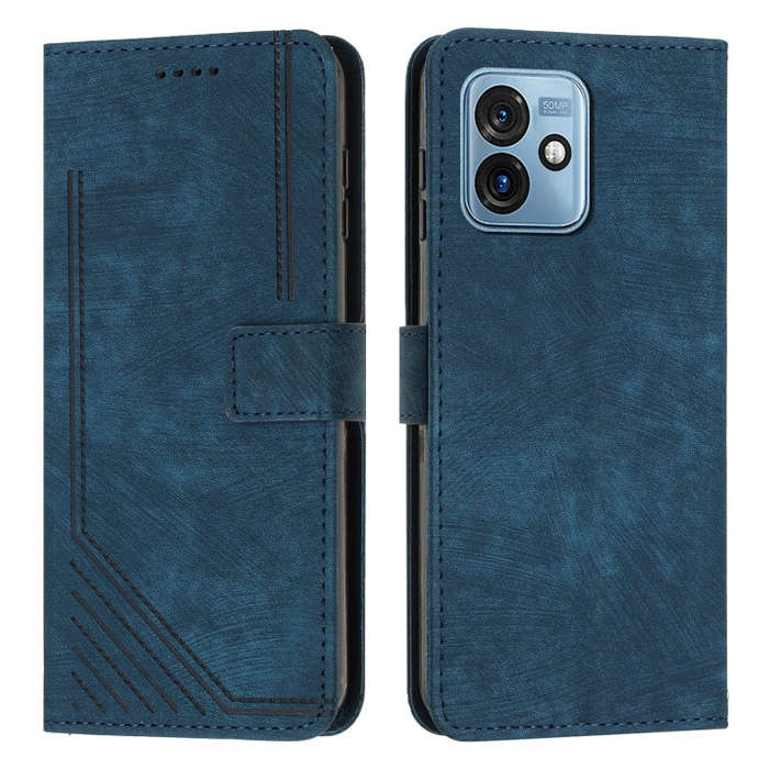 For Motorola Moto G 5G 2023 Skin Feel Stripe Pattern Leather Phone Case with Lanyard(Blue)