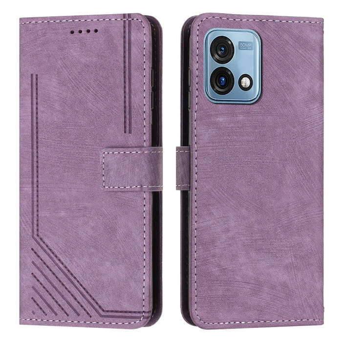 For Motorola Moto G Stylus 5G 2023 Skin Feel Stripe Pattern Leather Phone Case with Lanyard(Purple)